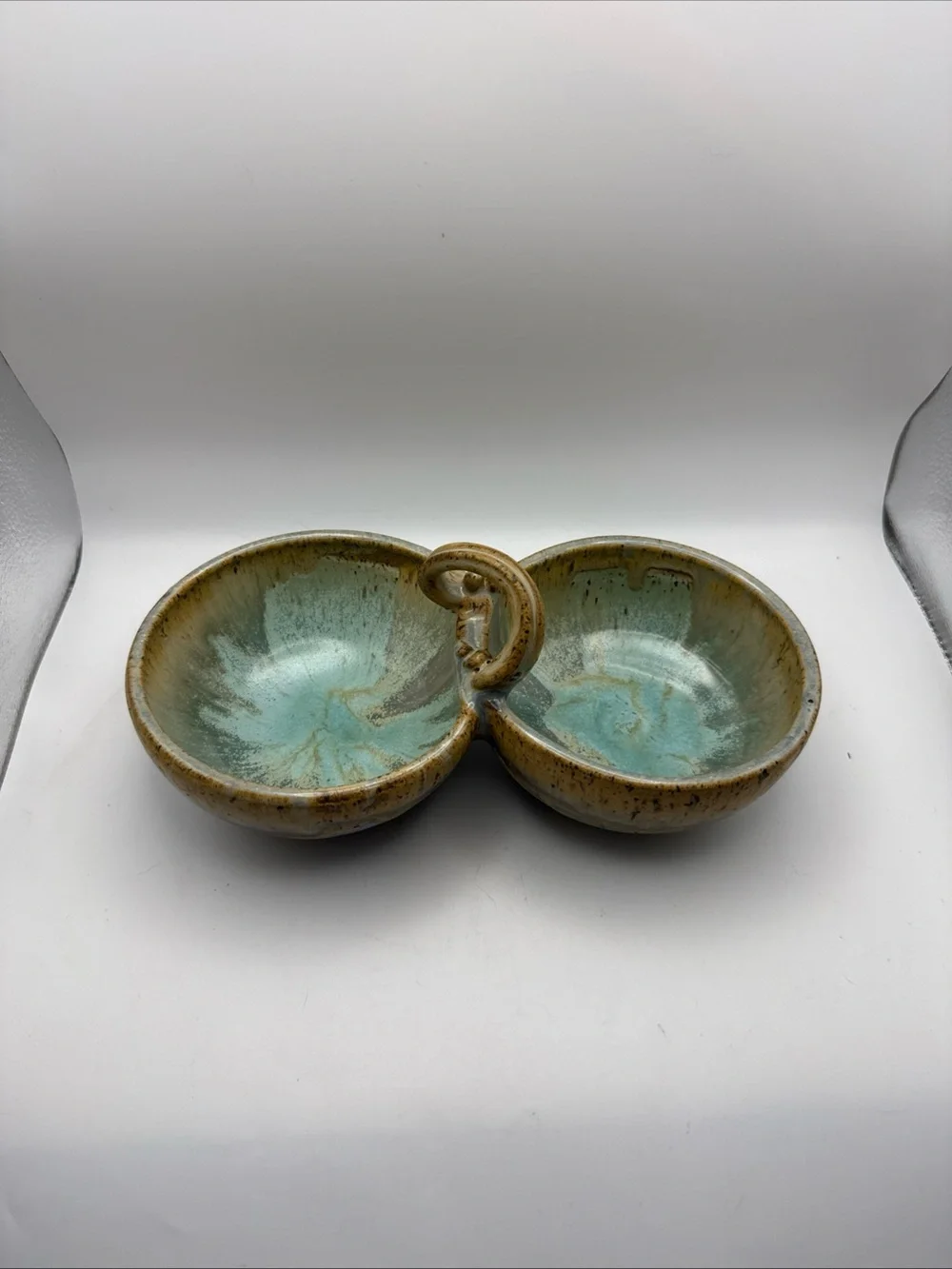 Studio Handmade Pottery Double Serving Dish Aqua Blue Periwinkle & Brown Signed